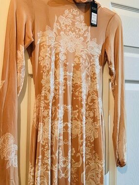 ASOS Beige and White Long Sleeve Lace-Print Midi Dress